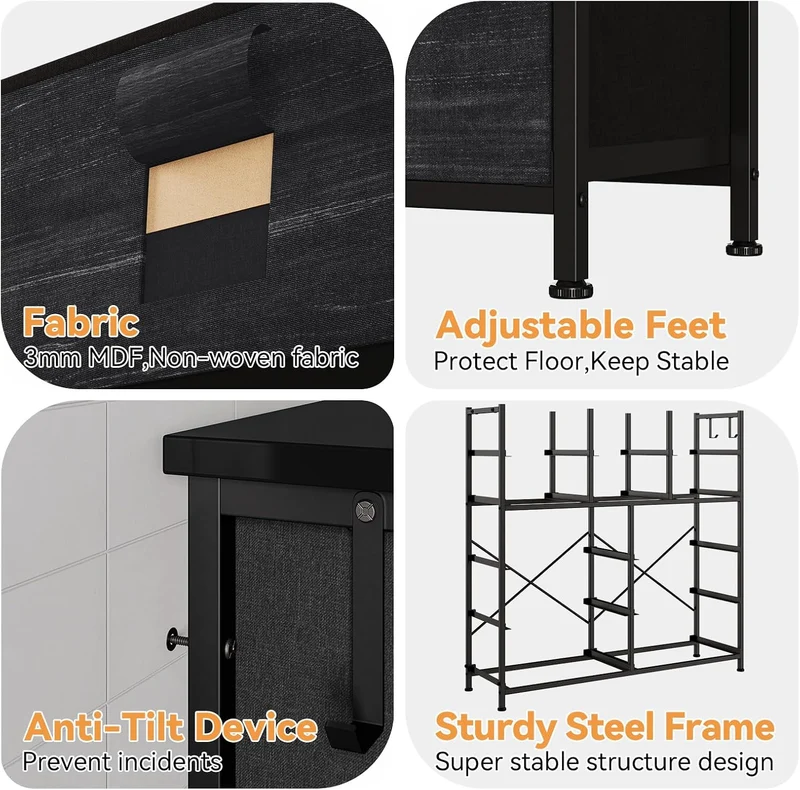 GarveeHome Stoffkommode 99x30x110 cm Stahl Holzplatte 12 Schubladen Schwarz, Schwarz