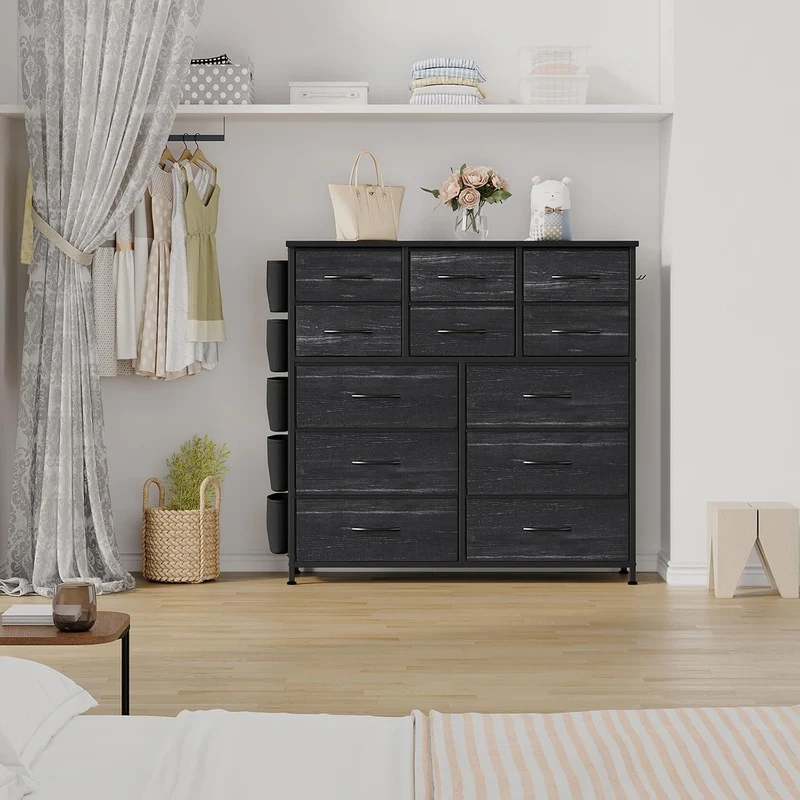 GarveeHome Stoffkommode 99x30x110 cm Stahl Holzplatte 12 Schubladen Schwarz, Schwarz