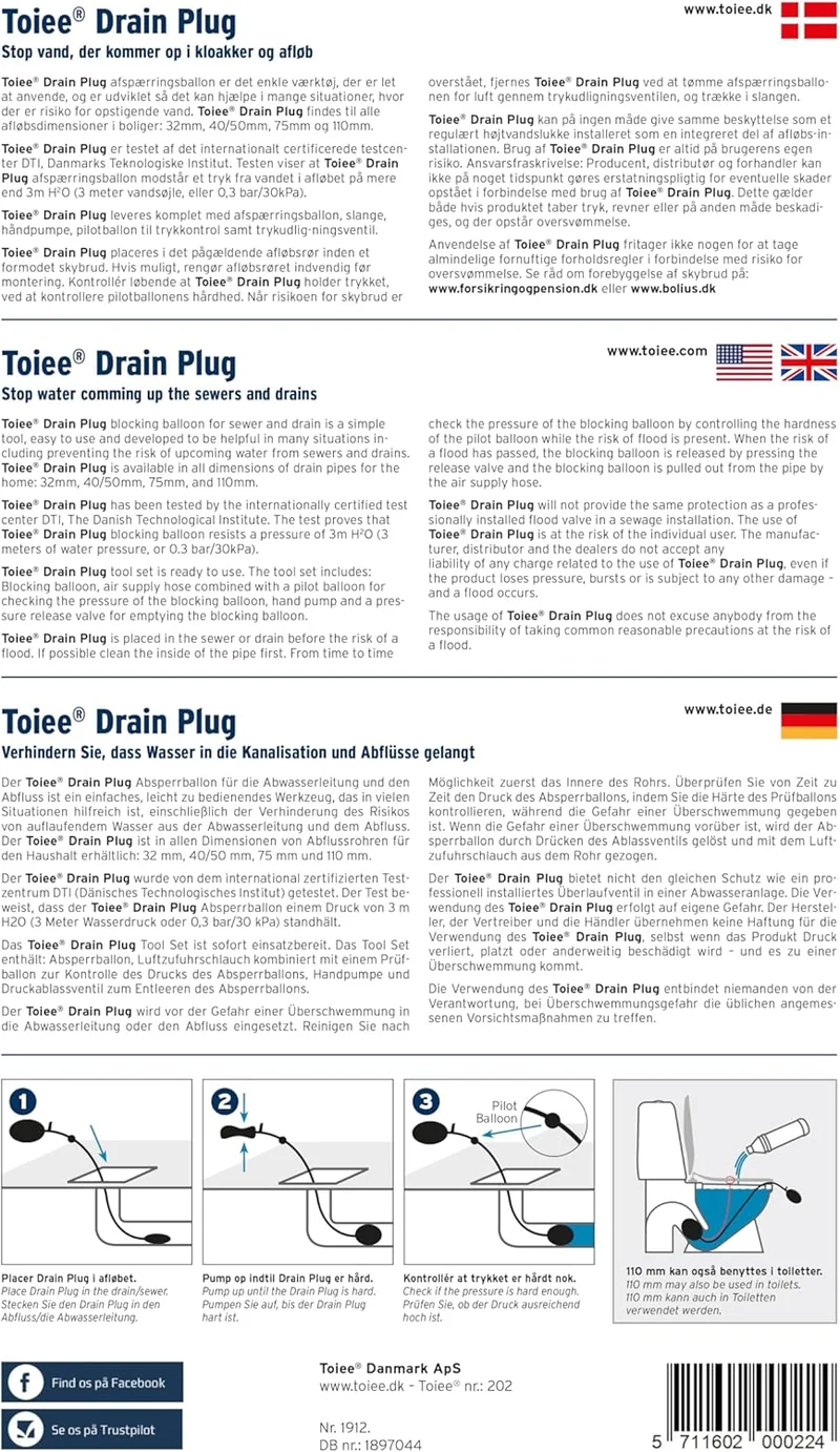 Toiee Drain Plug (75 mm). Mit einem Toiee Drain Plug (Absperrballone) kann Man das Abflussrohr der W