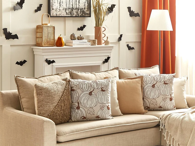 Zierkissen 2er Set 45x45 cm Halloween Kürbis-Motiv beige/braun Samtstoff Gourd