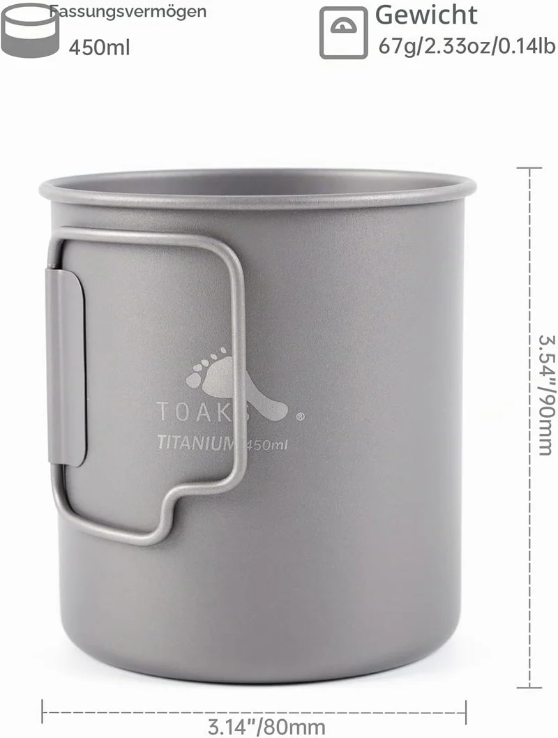 TOAKS 450 ml Titanbecher für Rucksackreisen, Camping, Kaffeekanne, ultraleichtes Campinggeschirr 450