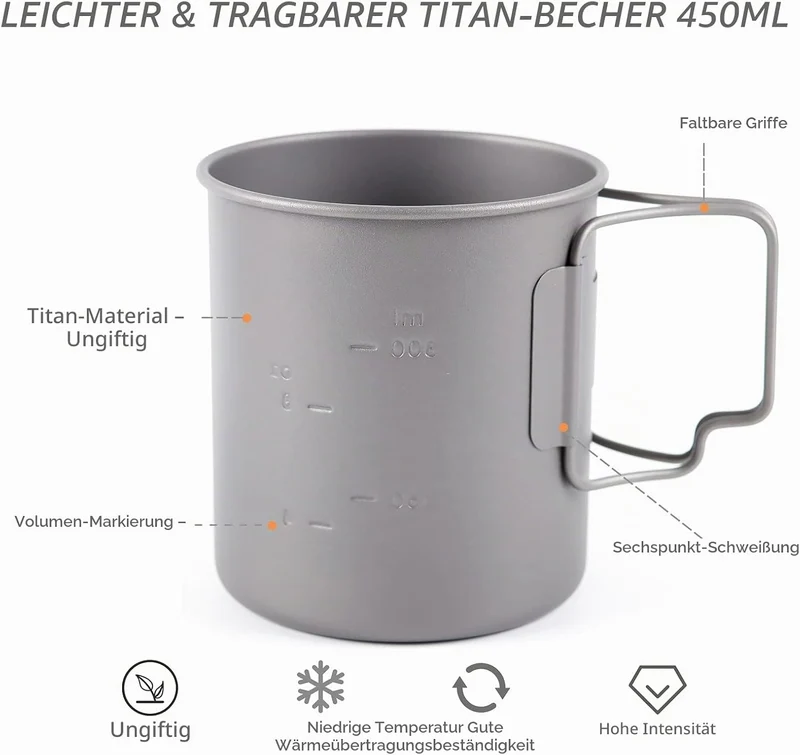 TOAKS 450 ml Titanbecher für Rucksackreisen, Camping, Kaffeekanne, ultraleichtes Campinggeschirr 450