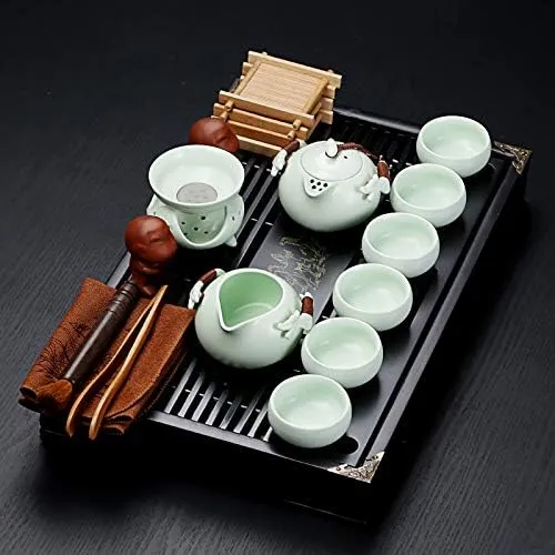 fanquare Chinesisches Keramik Kung Fu Tee Set mit Teetablett und Kleine Teewerkzeuge, Porzellan Tee