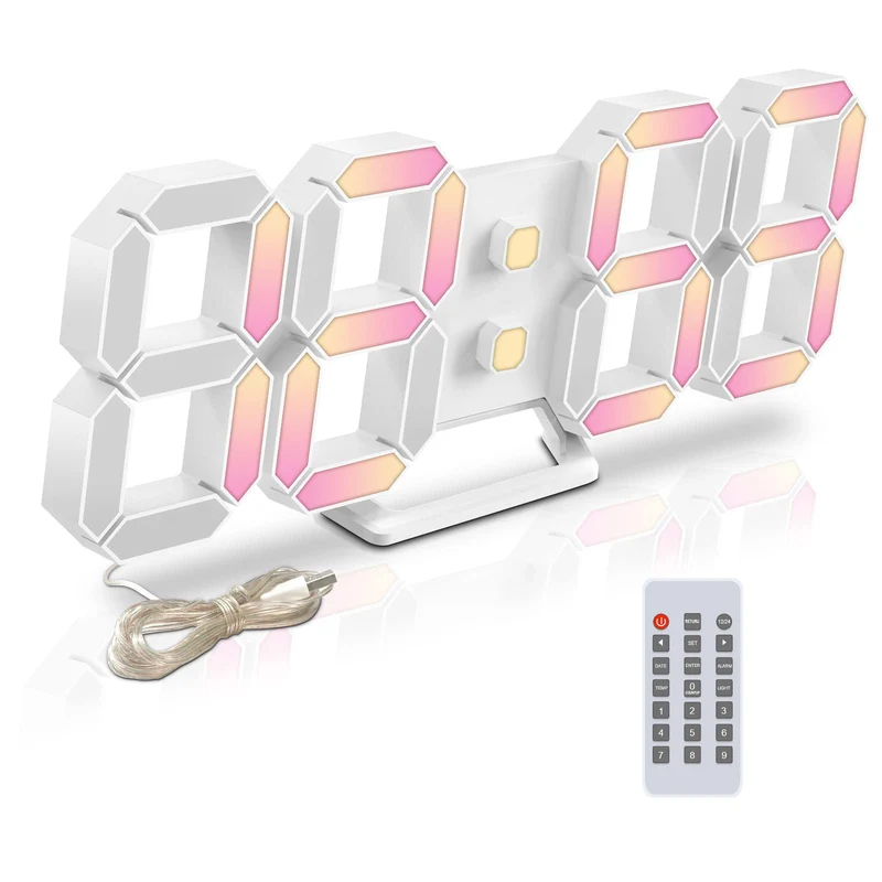 Deeyaple LED Wanduhr Digital Wecker 3D Uhr Dimmbar Snooze USB 12/24Stunden Datum Temperaturanzeige F