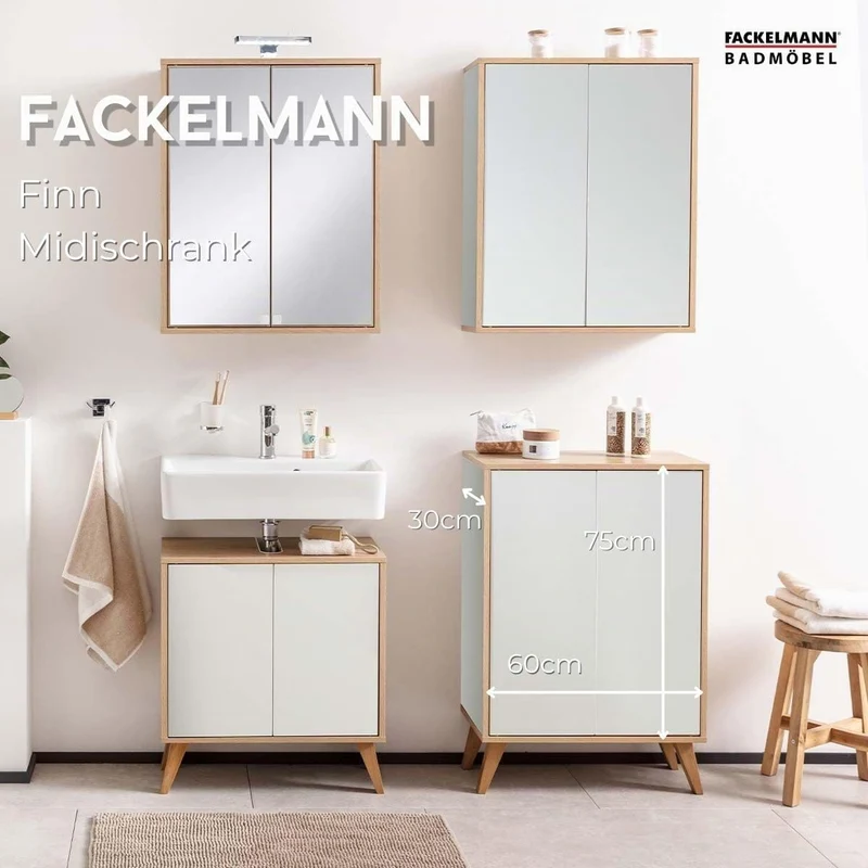 FACKELMANN Finn Midischrank (60 x 75 x 30,5 cm) – Badezimmerkommode mit 2 Einlegeböden aus Glas – Ba