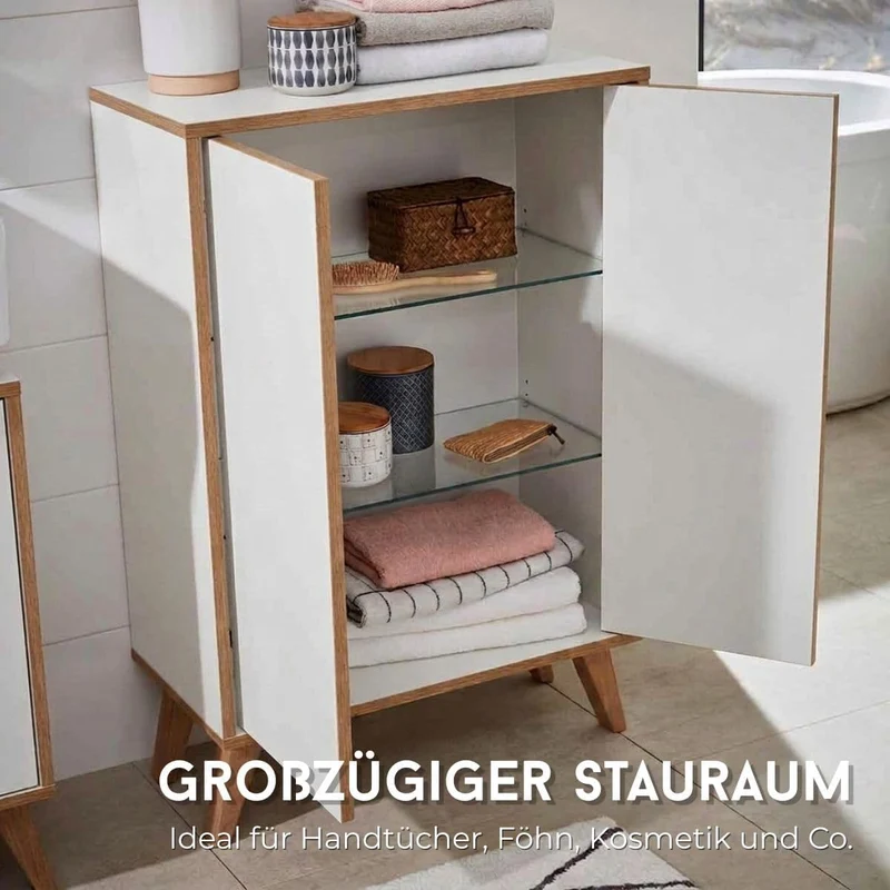 FACKELMANN Finn Midischrank (60 x 75 x 30,5 cm) – Badezimmerkommode mit 2 Einlegeböden aus Glas – Ba