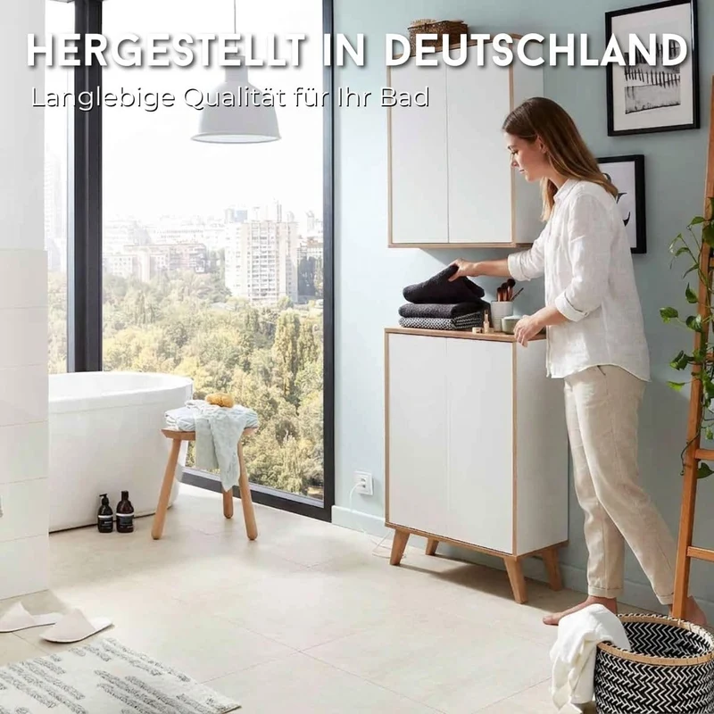 FACKELMANN Finn Midischrank (60 x 75 x 30,5 cm) – Badezimmerkommode mit 2 Einlegeböden aus Glas – Ba