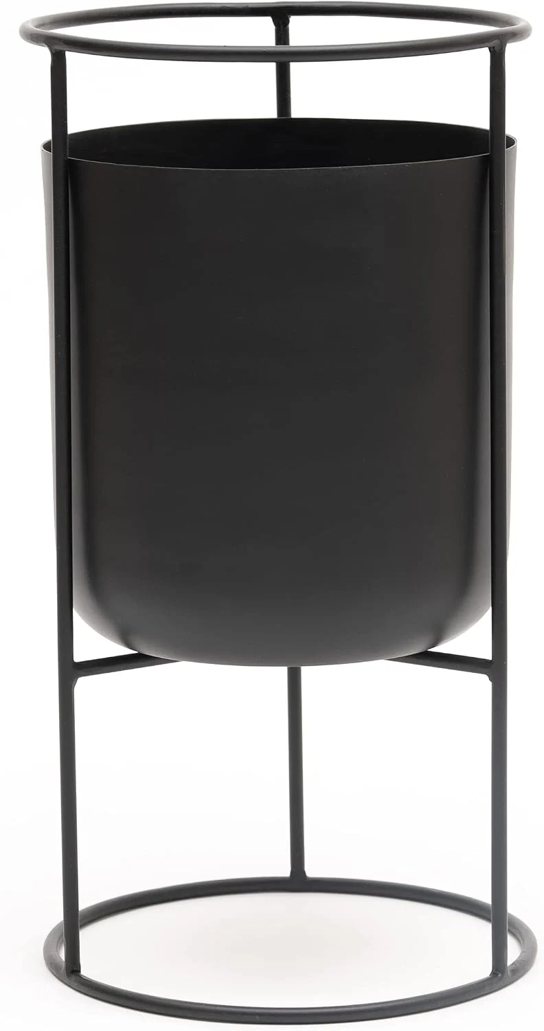 Olly & Rose Mattschwarzer Metall-Blumentopf mit schwarzem Pflanzenständer, 50 cm hoch, grosser Blume