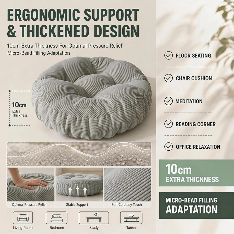 Bodenkissen Rund 65 cm Ø – Sitzkissen Pouf für Zuhause & Outdoor (Grau), Grau