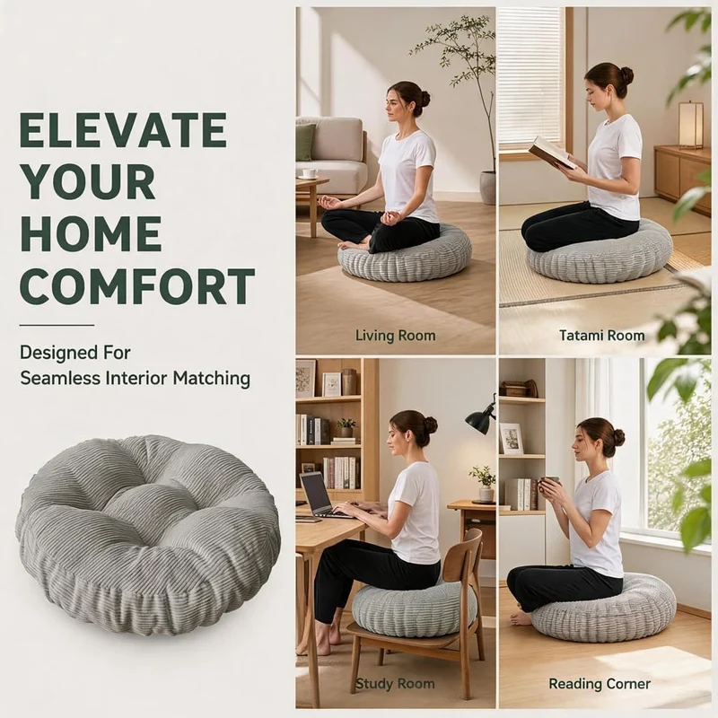 Bodenkissen Rund 65 cm Ø – Sitzkissen Pouf für Zuhause & Outdoor (Grau), Grau