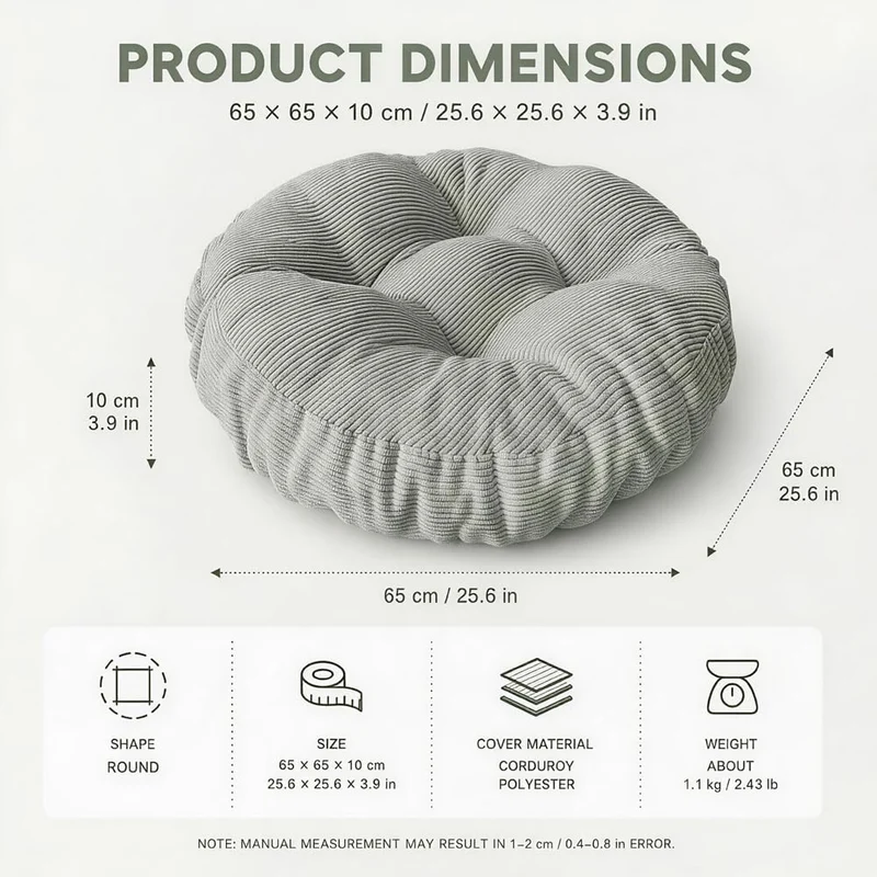 Bodenkissen Rund 65 cm Ø – Sitzkissen Pouf für Zuhause & Outdoor (Grau), Grau