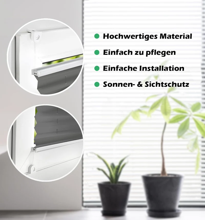 Domdeco Plissee 70x220cm Anthrazit mit weiss lackierten Alu-Profilen, KlemmFix-Halterung zur Montage