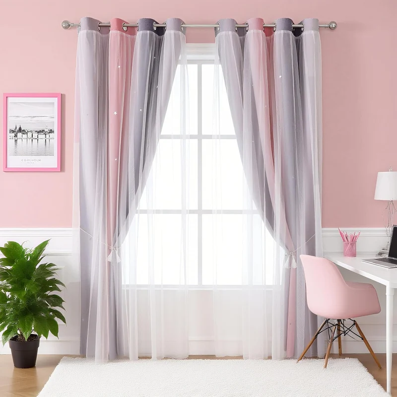 Freyamy Gardinen Rosa Grau Glänzend Sterne Vorhänge Blickdicht Kinderzimmer Halbtransparent H 210 X