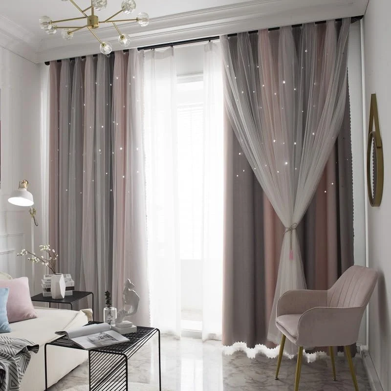 Freyamy Gardinen Rosa Grau Glänzend Sterne Vorhänge Blickdicht Kinderzimmer Halbtransparent H 210 X