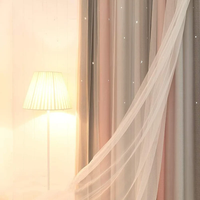 Freyamy Gardinen Rosa Grau Glänzend Sterne Vorhänge Blickdicht Kinderzimmer Halbtransparent H 210 X