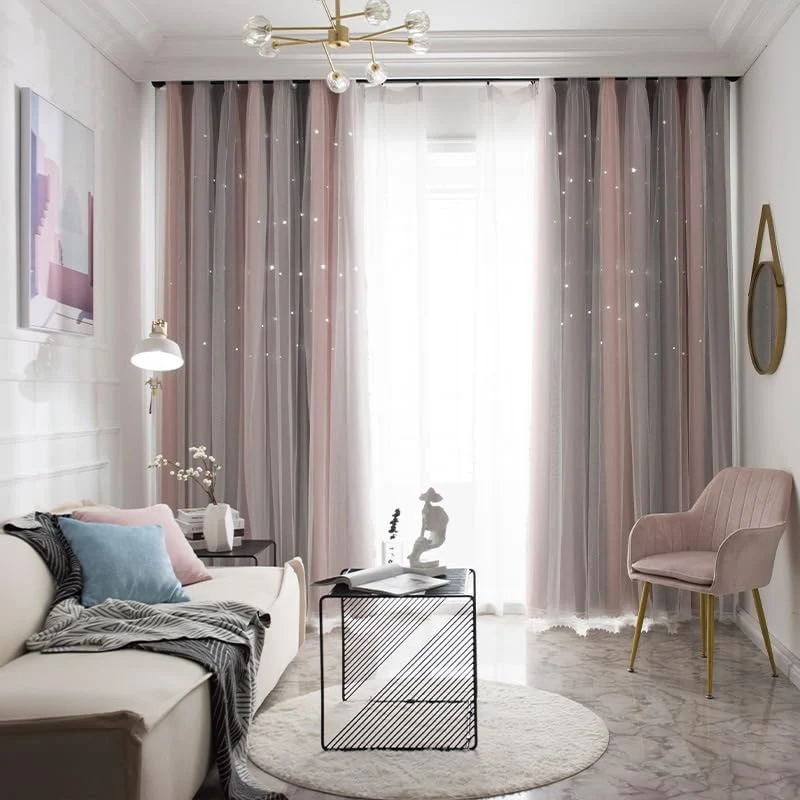 Freyamy Gardinen Rosa Grau Glänzend Sterne Vorhänge Blickdicht Kinderzimmer Halbtransparent H 210 X