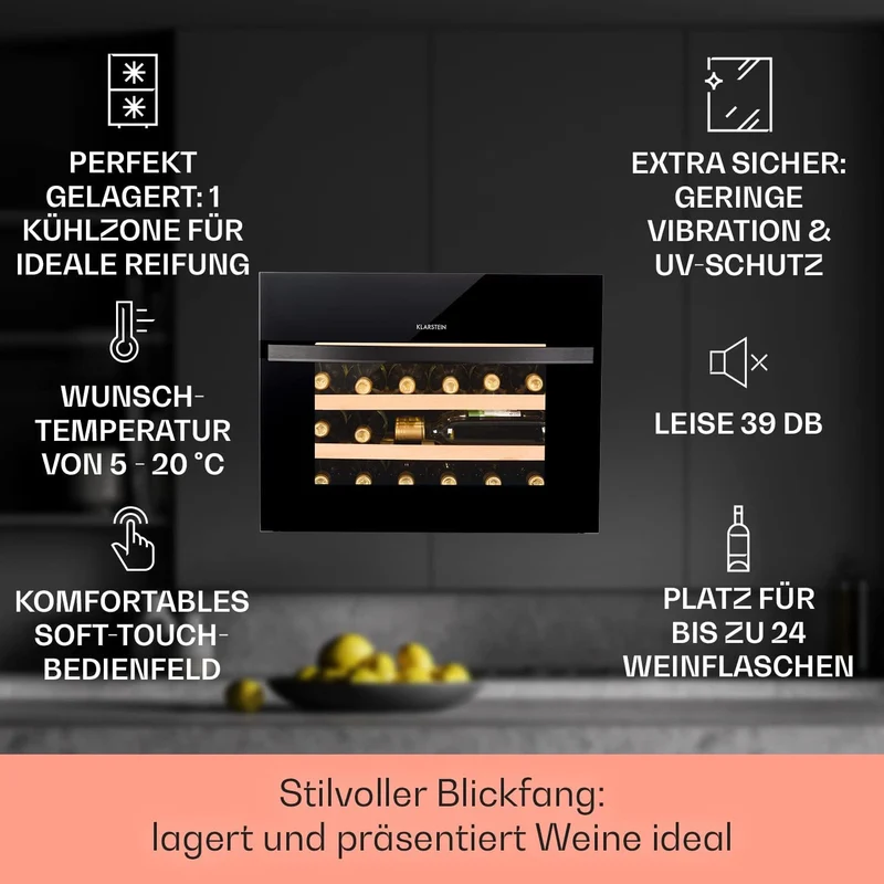 Klarstein Einbau-Weinkühlschrank, 1 Zonen Getränkekühlschrank Klein, Kleiner Weinschrank 51L, Wein-K
