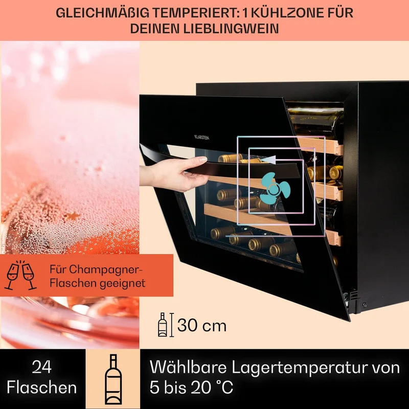 Klarstein Einbau-Weinkühlschrank, 1 Zonen Getränkekühlschrank Klein, Kleiner Weinschrank 51L, Wein-K