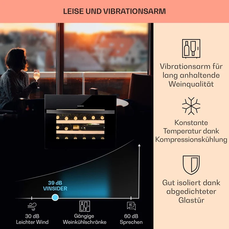 Klarstein Einbau-Weinkühlschrank, 1 Zonen Getränkekühlschrank Klein, Kleiner Weinschrank 51L, Wein-K