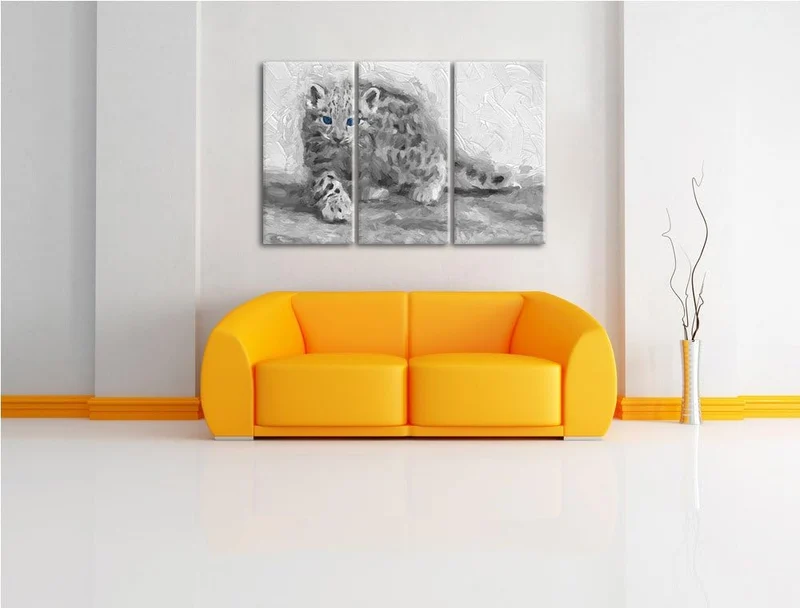 stolzierendes Leopardenjunges schwarz/weiss Deluxe 3-Teiler Leinwandbild 120x80 Bild auf Leinwand, X