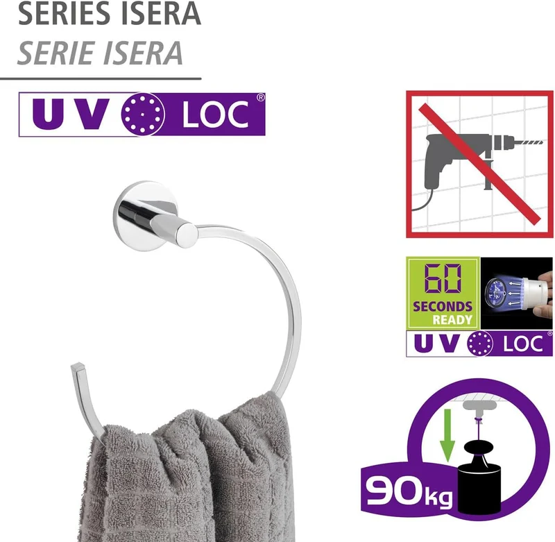 WENKO UV-Loc Handtuchring, Wandhalter für Handtücher aus Vierkantrohr zum Befestigen ohne Bohren mit