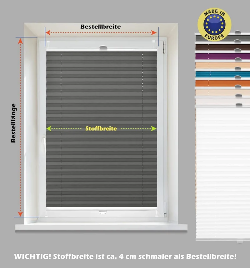 Domdeco Plissee 95x150cm Anthrazit mit weiss lackierten Alu-Profilen, KlemmFix-Halterung zur Montage