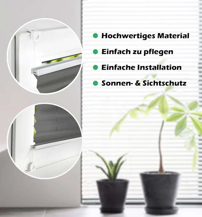 Domdeco Plissee 95x150cm Anthrazit mit weiss lackierten Alu-Profilen, KlemmFix-Halterung zur Montage