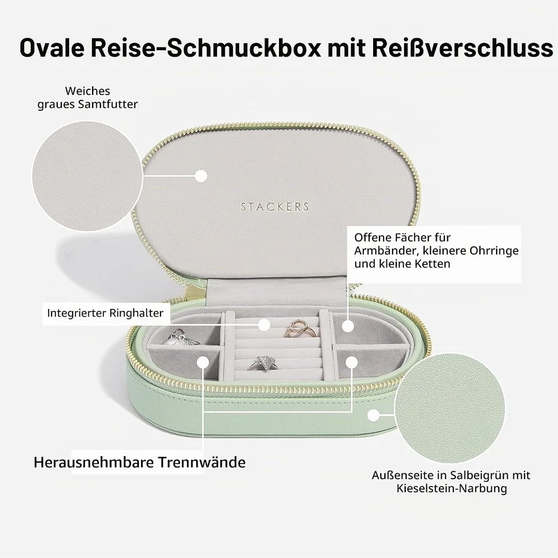 Stackers Ovales Reise-Schmuckkästchen, Salbeigrün