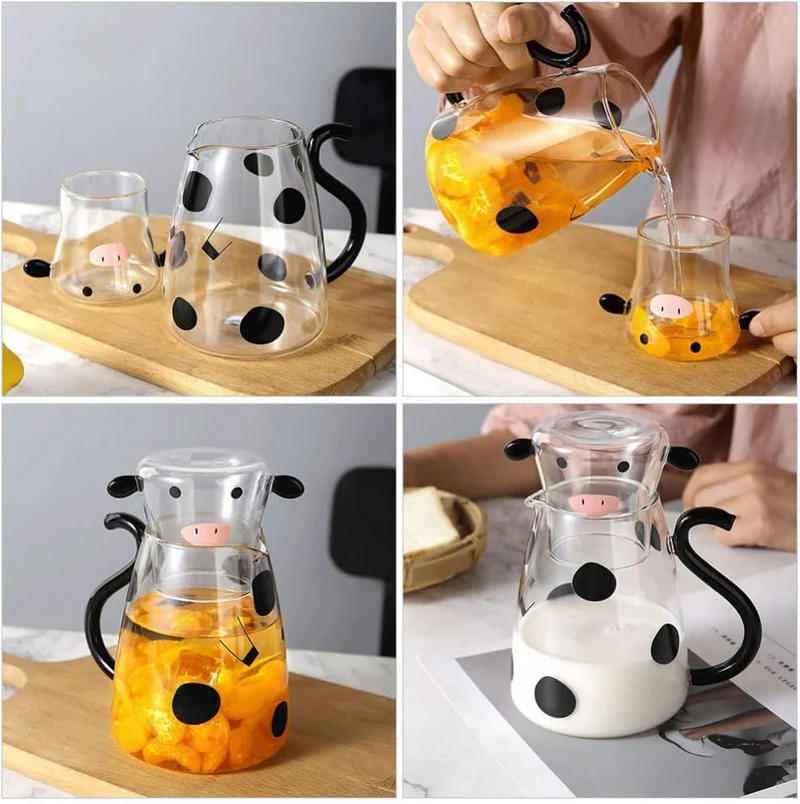 TOPBATHY Kaltes Wasserkrug mit Tasse Heimglas Juice Getränkglas Pitcher Cartoon Cow