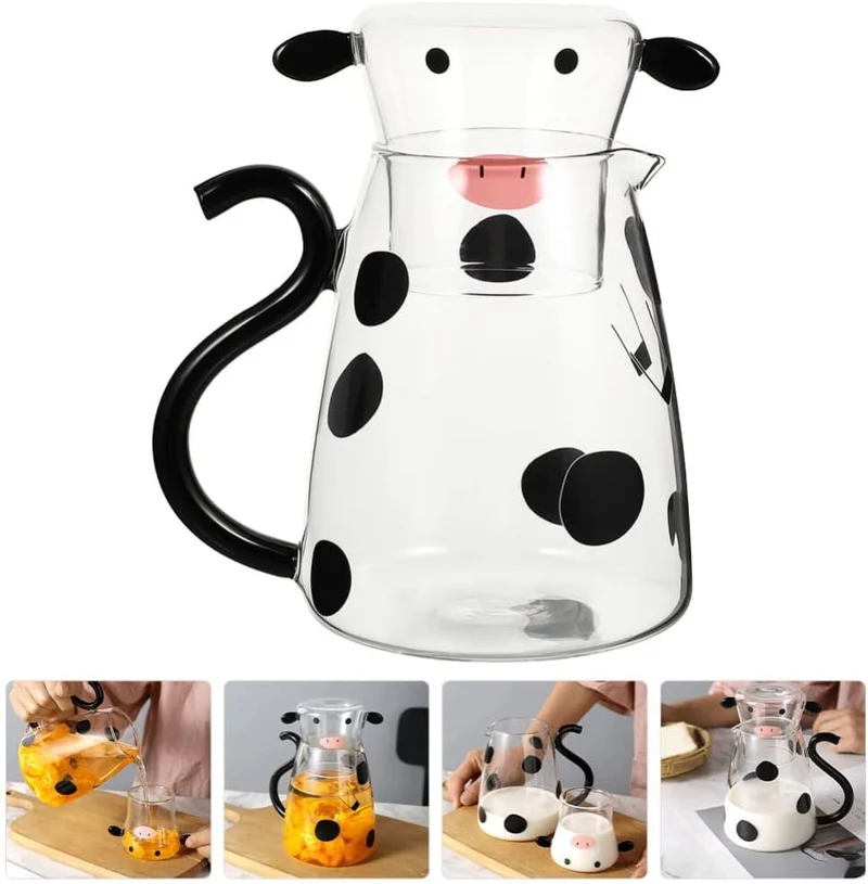 TOPBATHY Kaltes Wasserkrug mit Tasse Heimglas Juice Getränkglas Pitcher Cartoon Cow