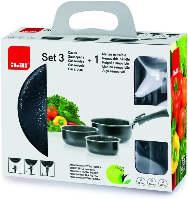 IBILI - Kochtopfset mit 3 Teilen und herausnehmbarem Griff, 16, 18, 20 cm, Anti-Haft-Beschichtung im