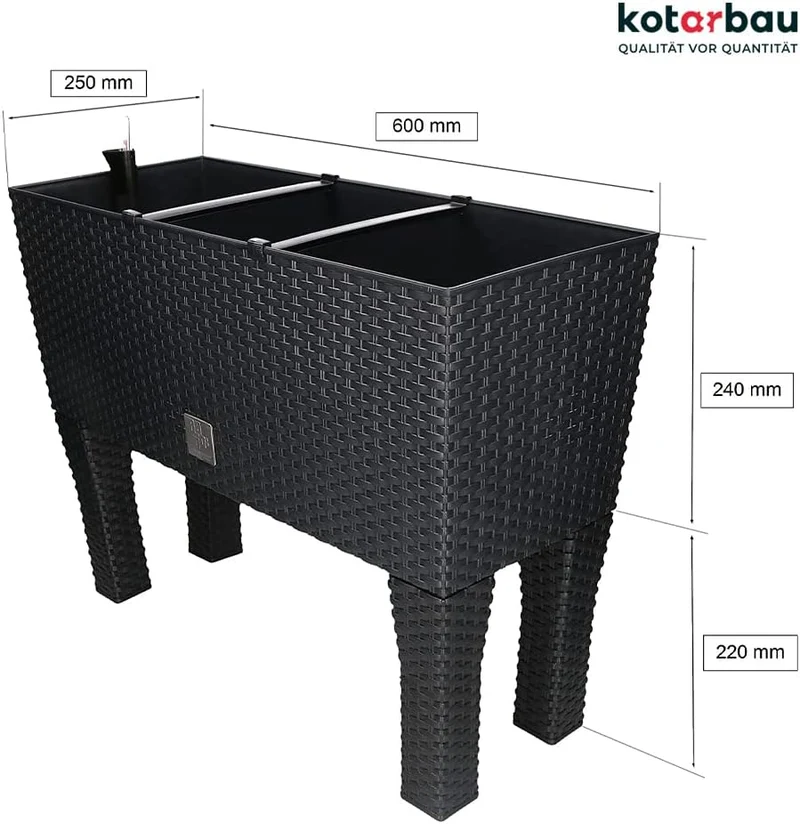 KOTARBAU® Blumenkasten 60x25x25cm mit Füssen und Bewässerungseinlage Anthrazit Rattan Imitation, Ant