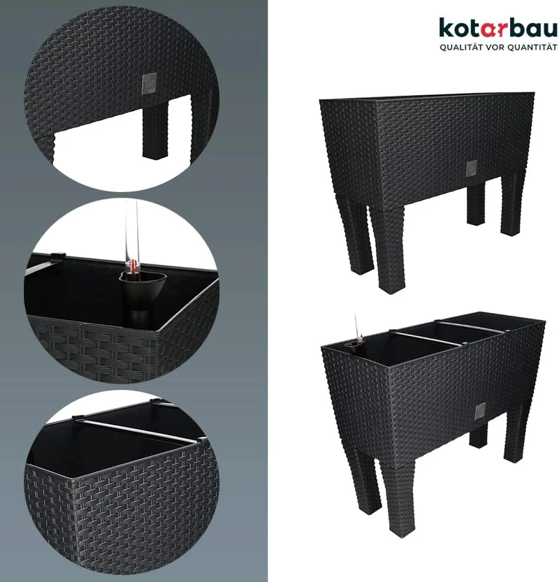 KOTARBAU® Blumenkasten 60x25x25cm mit Füssen und Bewässerungseinlage Anthrazit Rattan Imitation, Ant