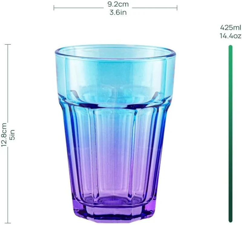 TREND FOR HOME Bunte Gläser Set 6 Teilig Bunte Wassergläser 425 ml Trinkgläser Blau Lila Longdrinkgl