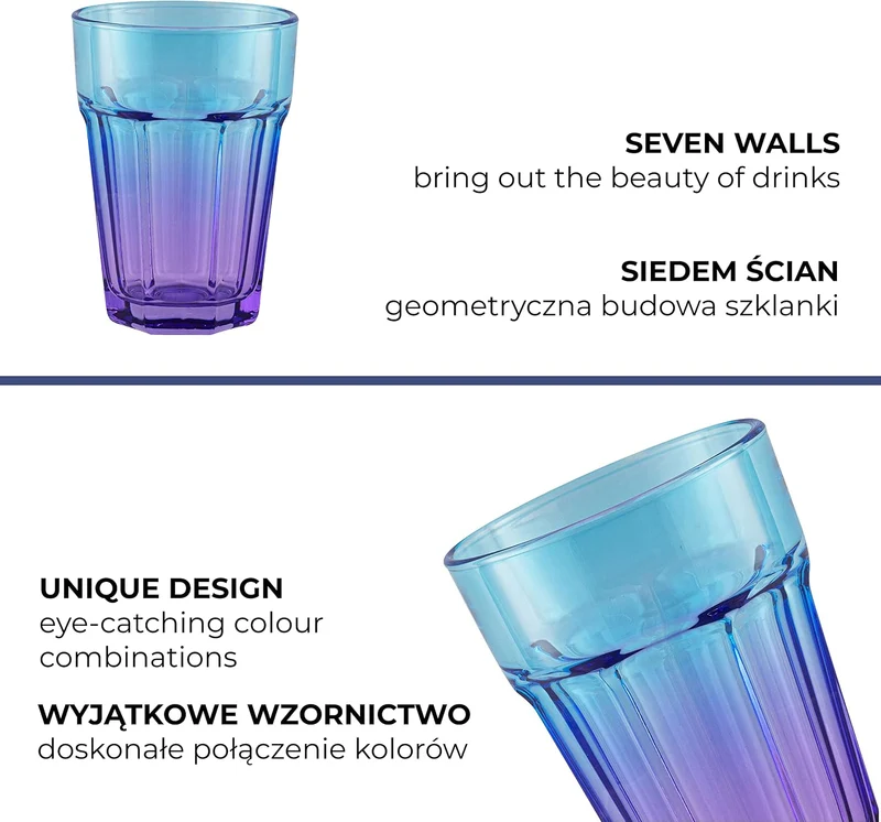 TREND FOR HOME Bunte Gläser Set 6 Teilig Bunte Wassergläser 425 ml Trinkgläser Blau Lila Longdrinkgl