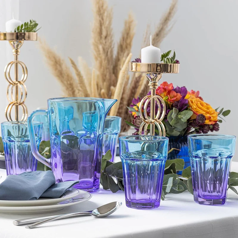 TREND FOR HOME Bunte Gläser Set 6 Teilig Bunte Wassergläser 425 ml Trinkgläser Blau Lila Longdrinkgl