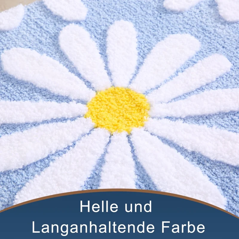 QJHOMO Blau Badezimmerteppich Niedliche Gänseblümchen Badematte rutschfest Waschbar Badteppich Weiss