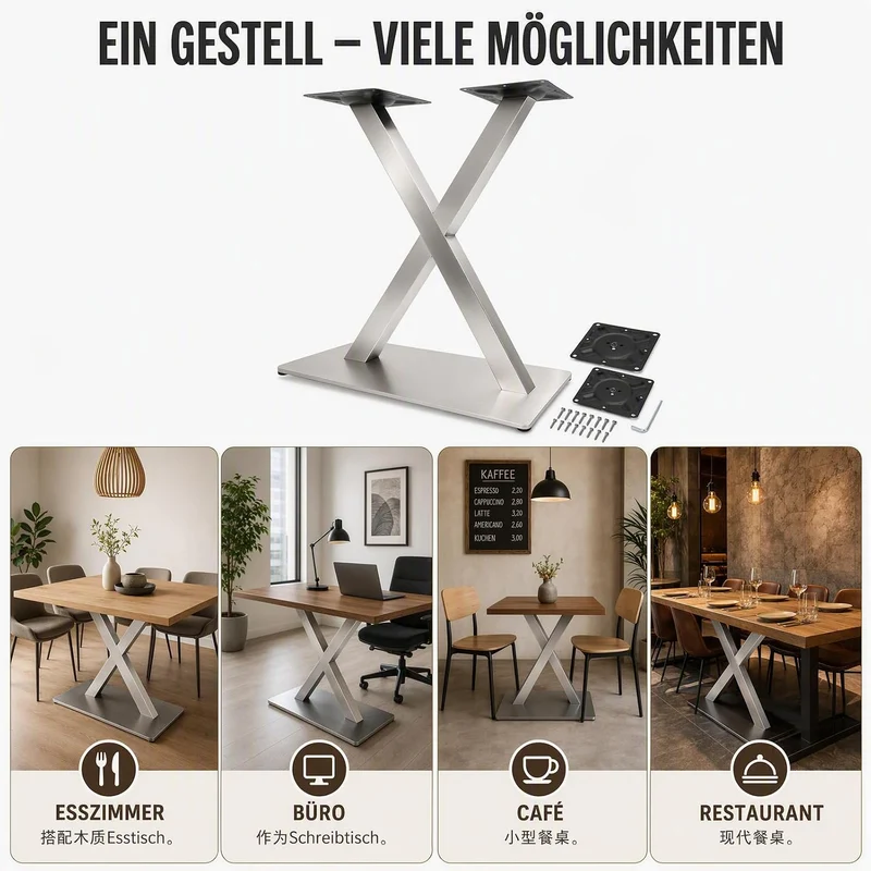 SHZICMY Tischbeine Metall Tischgestell Tischkufen X-Form Tischfuss Silber Edelstahl Untergestell Höh