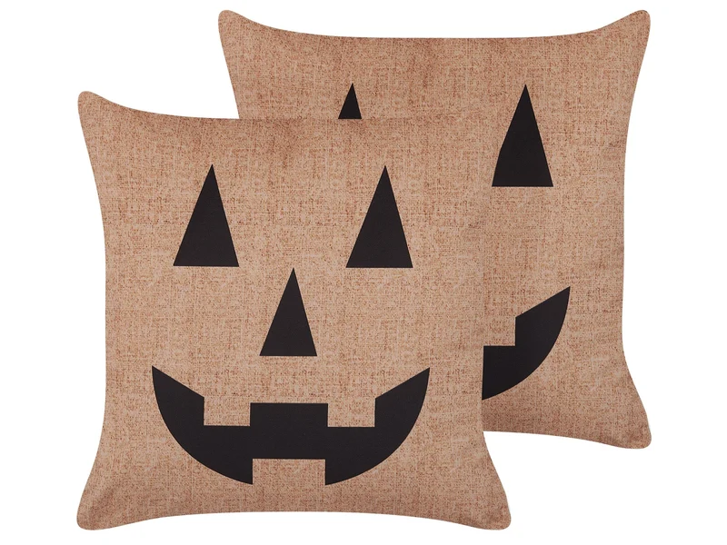 Dekokissen mit Füllung 2er Set Samt beige Halloween Kürbis-Motiv 45x45 cm Sebes