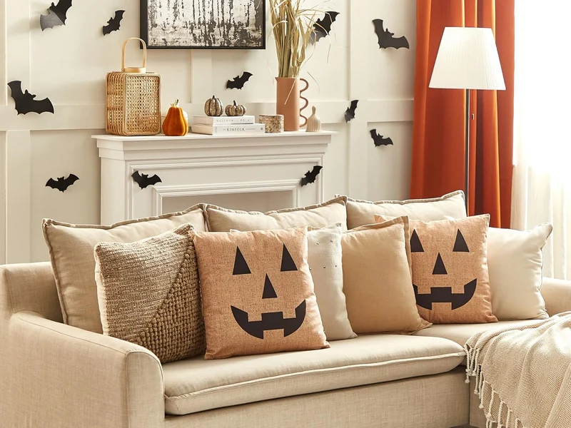 Dekokissen mit Füllung 2er Set Samt beige Halloween Kürbis-Motiv 45x45 cm Sebes