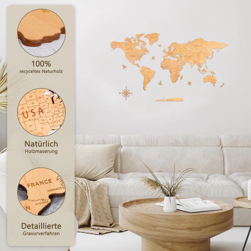 Creawoo Weltkarte Wanddekoration aus Holz, Natur Weltkarte Reisekarte Wanddeko Wandkunst für Büro, W