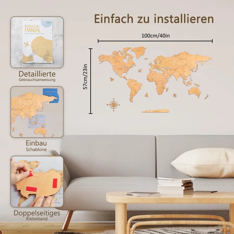 Creawoo Weltkarte Wanddekoration aus Holz, Natur Weltkarte Reisekarte Wanddeko Wandkunst für Büro, W