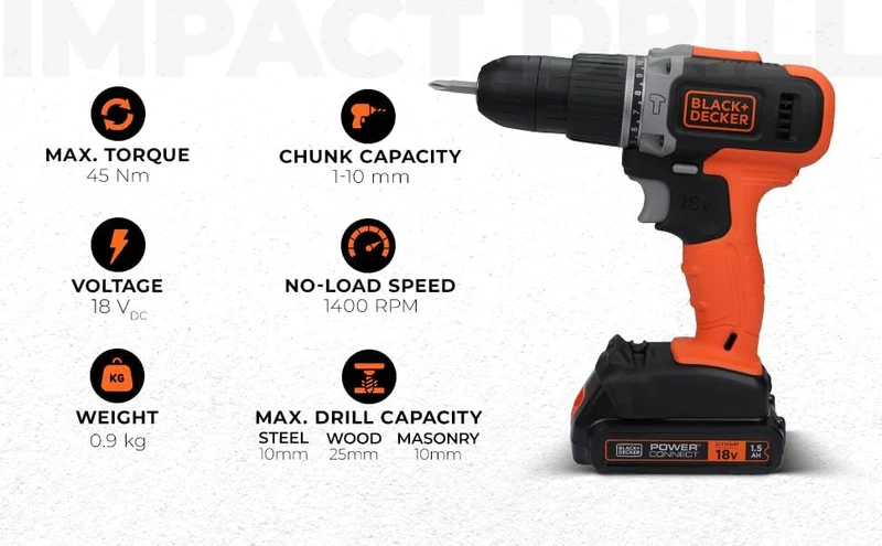 BLACK+DECKER BCD003C1-QW Perceuse visseuse à percussion 1 batterie 18 V-1,5 Ah, 18 V 1 x Akku 18 V -
