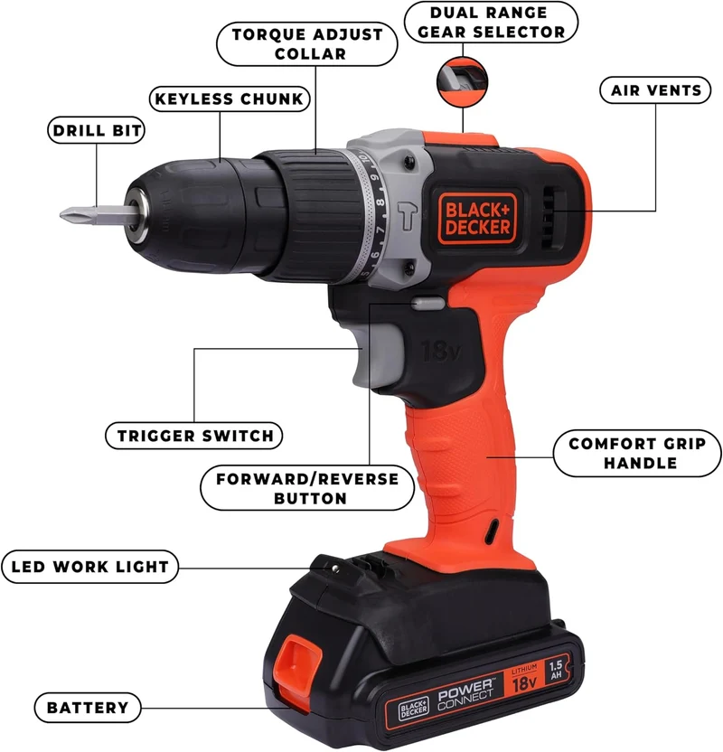 BLACK+DECKER BCD003C1-QW Perceuse visseuse à percussion 1 batterie 18 V-1,5 Ah, 18 V 1 x Akku 18 V -
